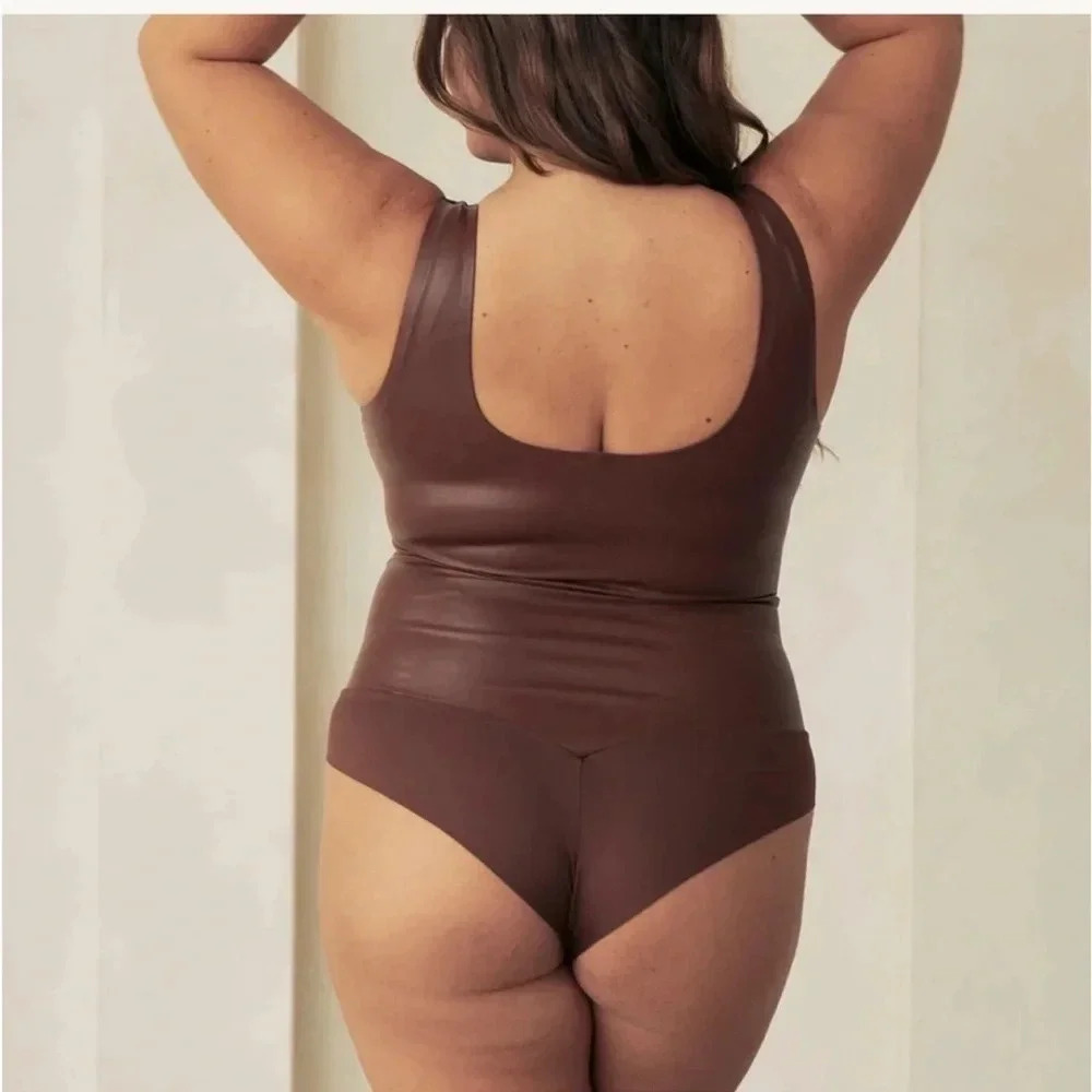 NEW Pinsy Shapewear Brown Faux Leather Bodysuit XL NWT Minimalist Neutral - Picture 2 of 9